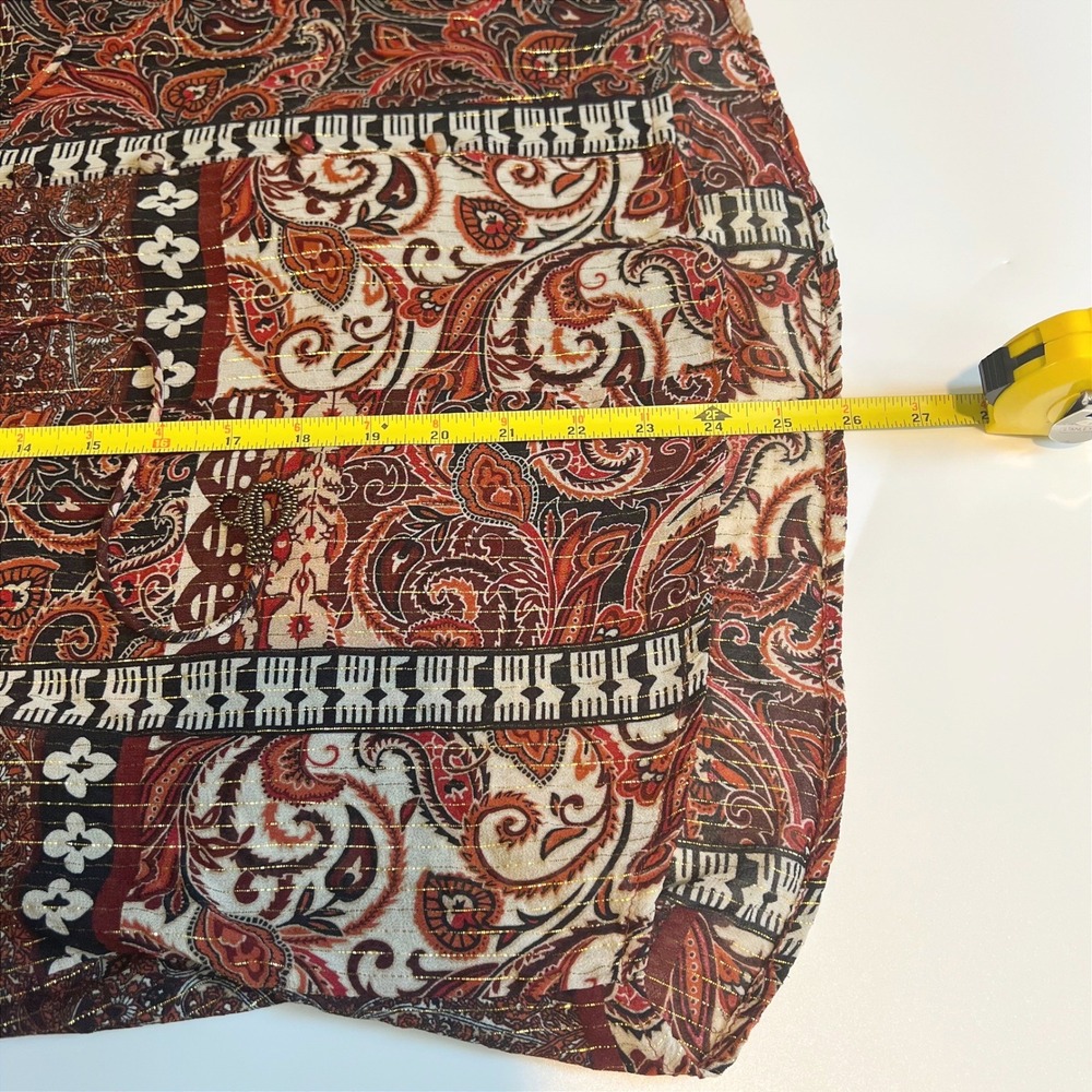 Zara Women L Tie Neck Peasant Blouse Paisley Patchwork Top Burgundy Gold Boho - Picture 9 of 11
